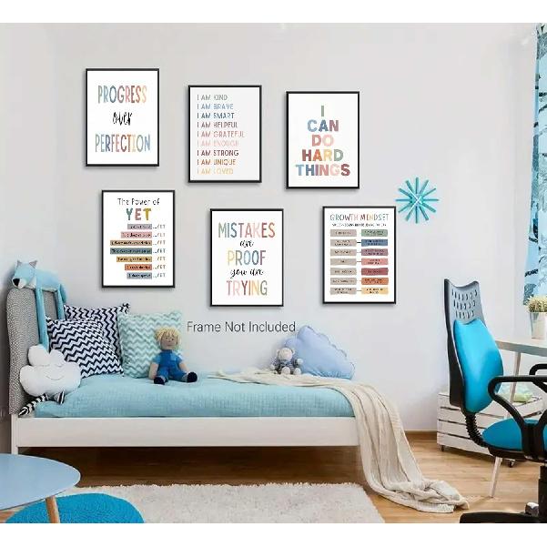 6Pcs Educational Growth Mindset Wall Art Kids Mental Health Therapy Canvas Paintings Positive Affirmations Wall Decor Boho Motivational Quotes