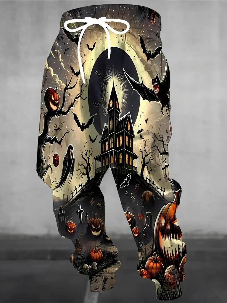 Autumn/Winter 3D Printed Colorful Alien Skull Graffiti Men's Fleece-Lined Thick Long Trousers - Warm Low Crotch Street Jogging Pants