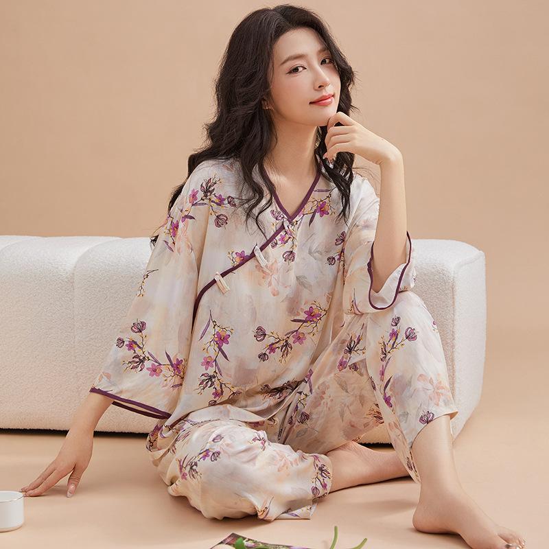 Classical national style new Chinese pajamas women's spring, summer and autumn new cotton silk disc buckle sweet loungewear hanfu two-piece set