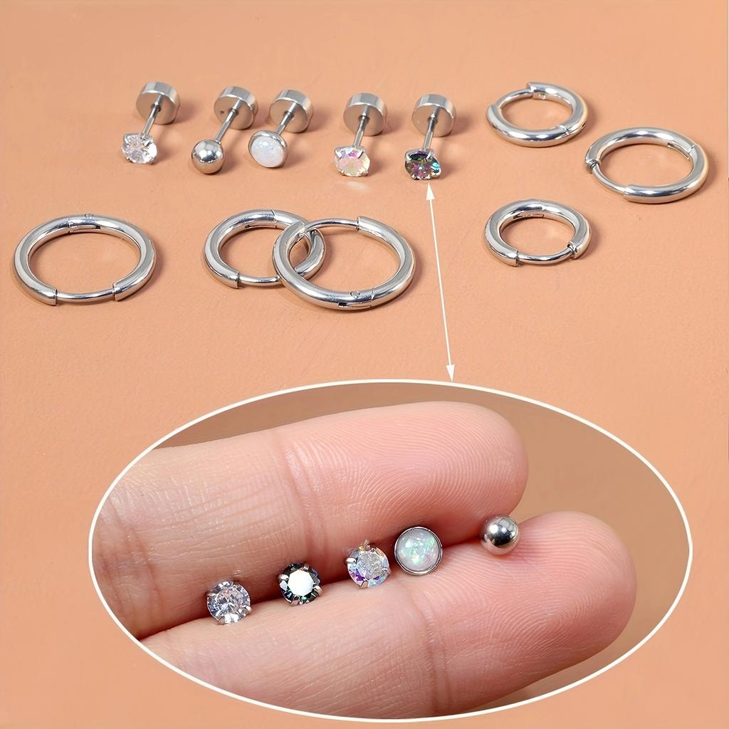 16 Stück Hypoallergenes Edelstahl Flachrücken Steckerohrringe Set Zirkonia Knorpel Schraubverschluss Stecker für Damen Herren