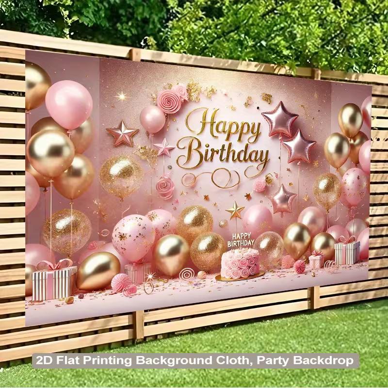 2D Birthday Photography Background, Pink Gold Themed Party Backdrop Banner