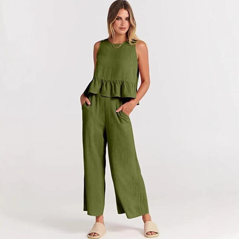 New Summer/Fall Sleeveless Tank Top and Wide-Leg Cropped Pants Casual Set for Women