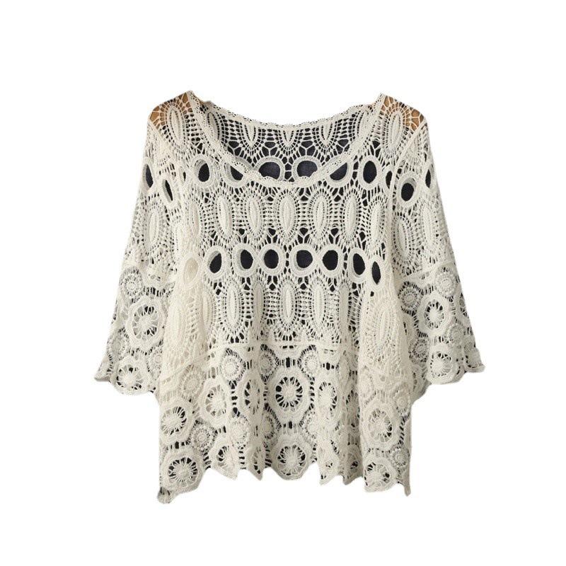 Summer Loose Hollow Blouse, Thin Short-sleeved Sling, Knitted Lace Blouse