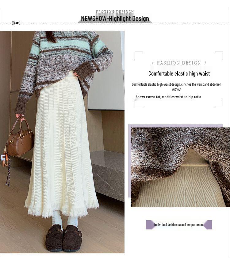 Women's High-Waisted Woolen Tassel Knitted A-Line Midi Skirt for Autumn and Winter