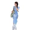 2024 Summer Women's Korean Blue Floral V-Neck Short-Sleeve Maxi Dress