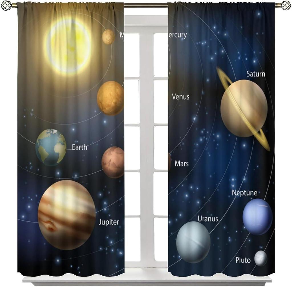 Solar System Window Curtains, Outer Space Space Astronaut Galaxy Window Treatments for Kids Boys Girls Bedroom Living Room