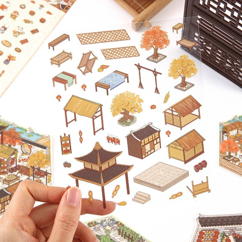 Retro Courtyard Decorative Sticker Chinese Style Landscape Sticker 3D Scene Sticker Journal Supplies Gift for Kid Child