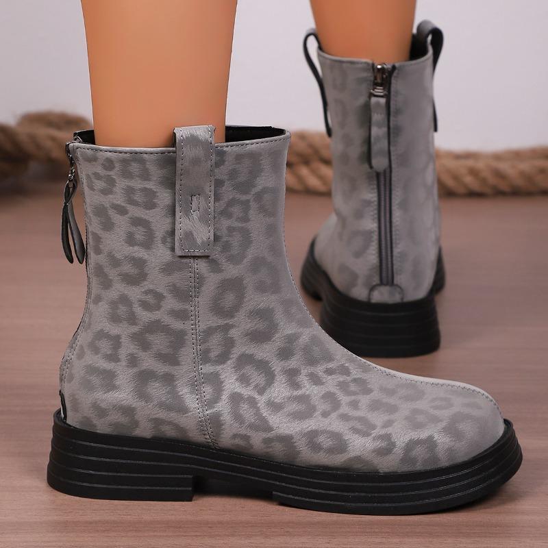 Fashion Leopard Print New Round Toe Square Heel Versatile Classic Women's Mid-leg Boots
