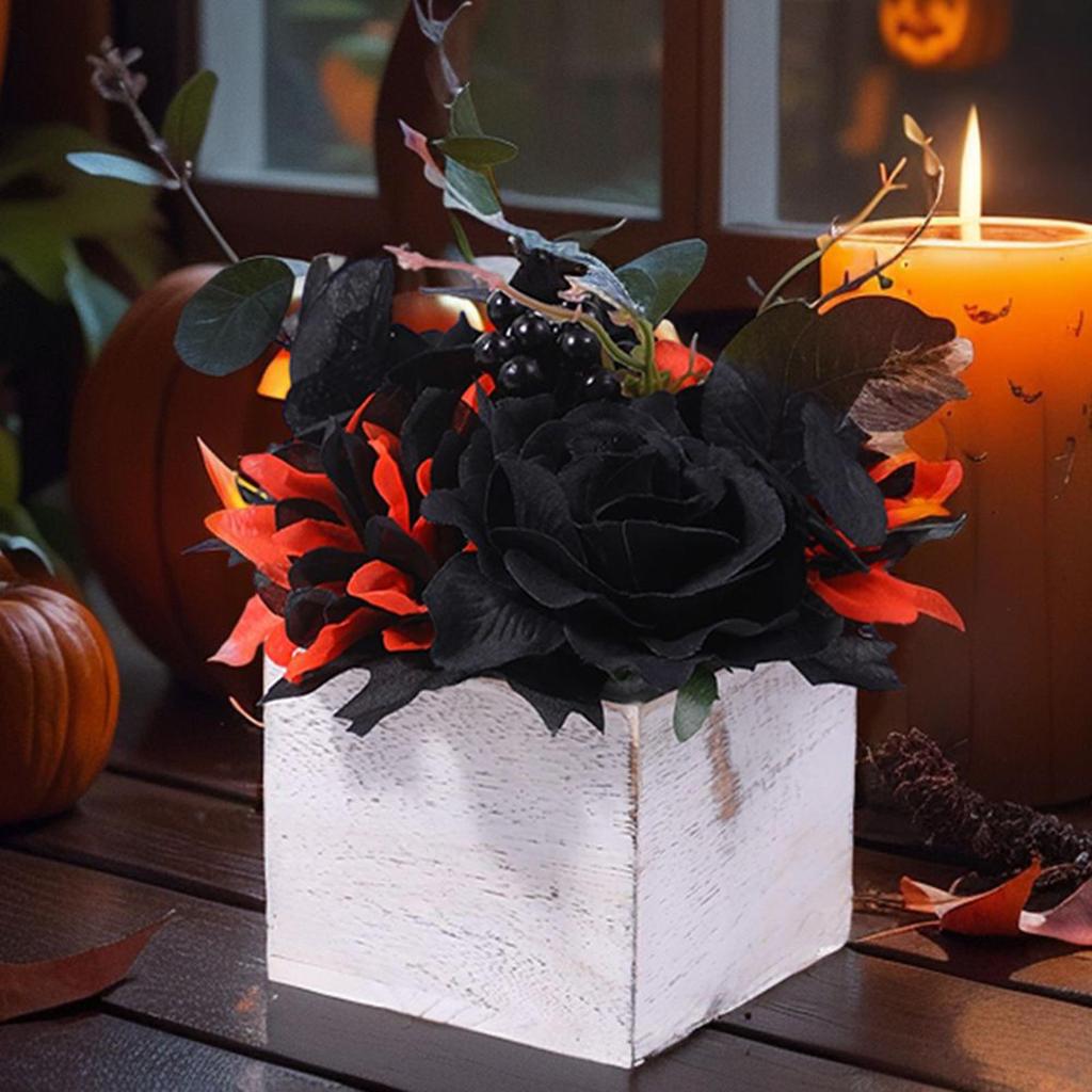 Halloween Flower Arrangement Day Of The Dead Artificial Black Flowers Bouquet With Wooden Vase Gothic-Style Centerpieces