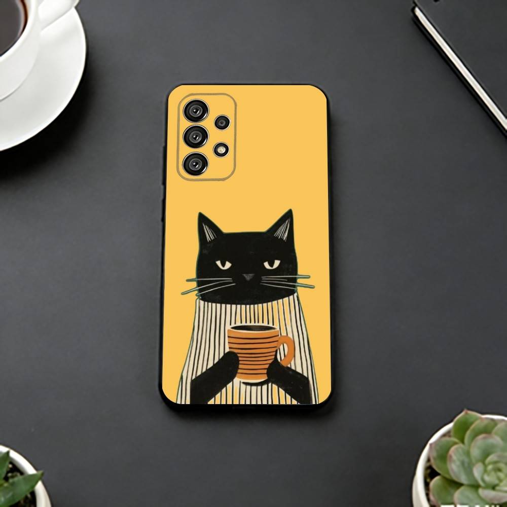 

The Lazy Cat with Coffee Phone Case Black Silicone Soft For Samsung S25,S24,S21,S22,S23,S30,Ultra,S20,Plus,Fe,Lite Samsung S23ULTRA5G