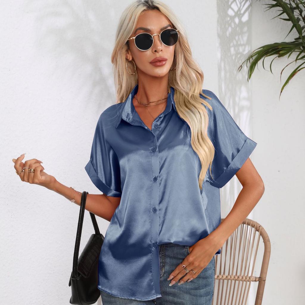 Women's Summer Satin Short Sleeved Shirt Top