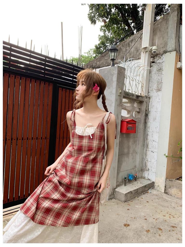 Red Plaid Lace Spaghetti Strap Dress - Women's Summer Beach Holiday Style