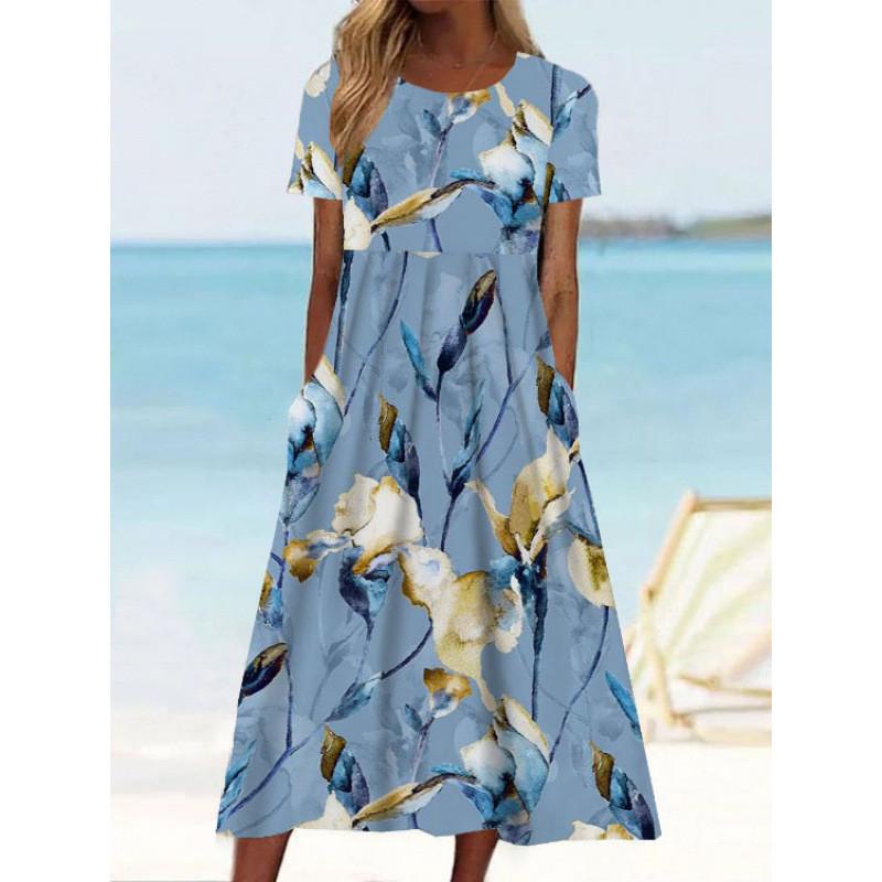 Summer Casual Women Dress With Floral Print And Large Skirt For Daily Wear
