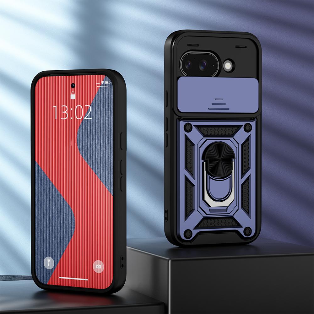 KEYSION Shockproof Armor Case for Google Pixel 9A Silicone+PC Slide Camera Lens Protection Ring Stand Phone Cover for Pixel 9A