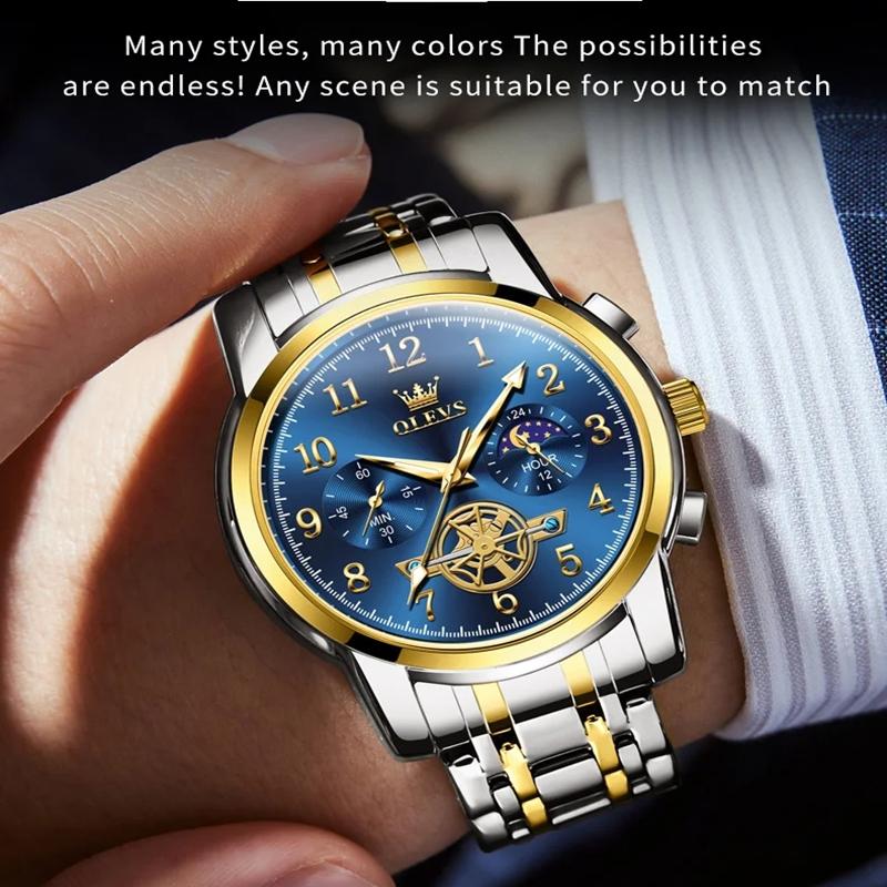 OLEVS Fashion Business Mens Wristwatches Gold Clock Male Stainless Steel Waterproof Calendar Quartz Watches