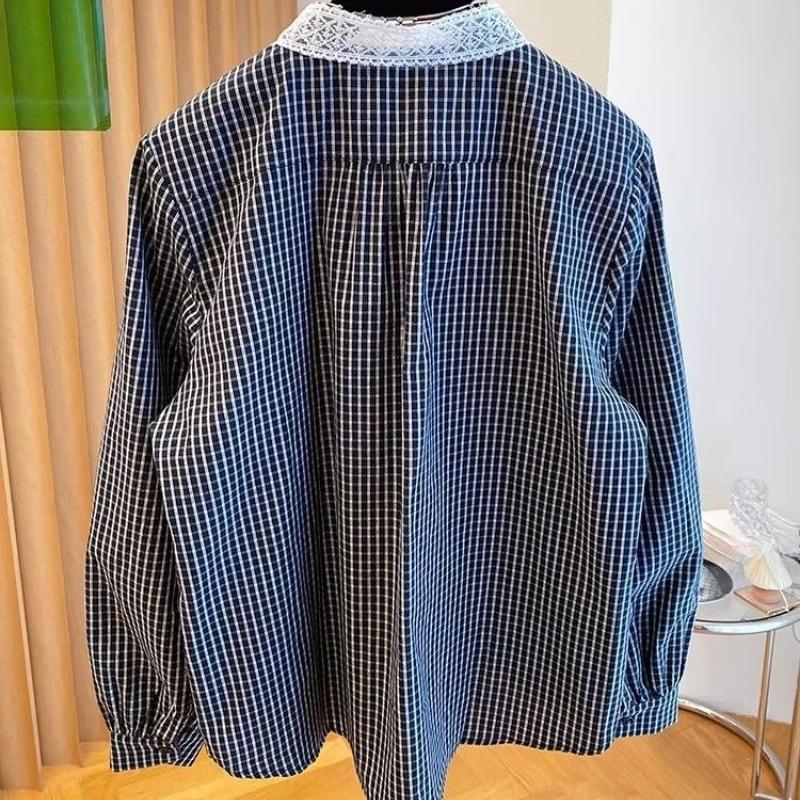 Black Checkered Women's Shirt Lace Bow Tie Front Open Button Ladies Long Sleeved Blouse Loose Casual Versatile Famale Top