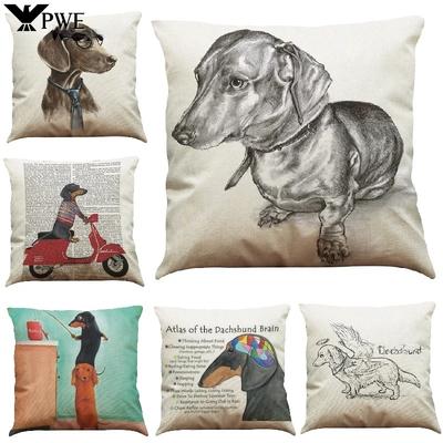 Cartoon Dog Mat Cover Dachshund Pattern Linen Pillowcase Car Bedroom Sofa Children's Room Decorative Pillowcase 45*45cm