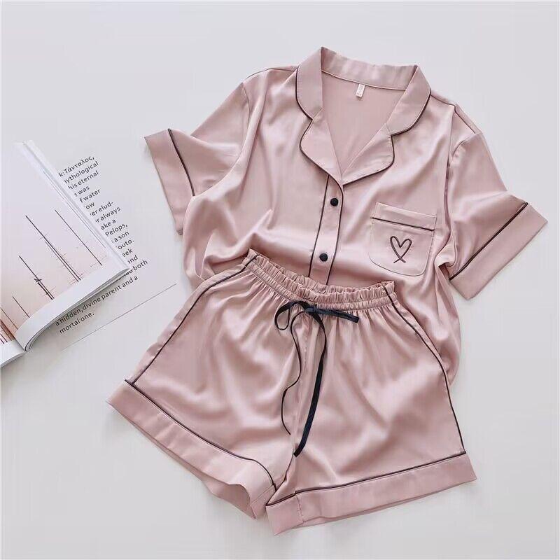 Women’s Pajamas Shirt and Shorts 2 Pieces Set Viscose Sleeping Suits Summer Home Casual Wear Comfy Sleep Lounge Nightwear