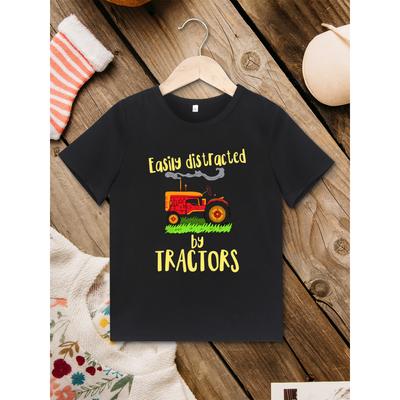 Boys Favorites T-shirts Easily Distracted By Tractors Funny Kids Tops Black Basic Tee Summer Casual O-neck Short Sleeve Shirts