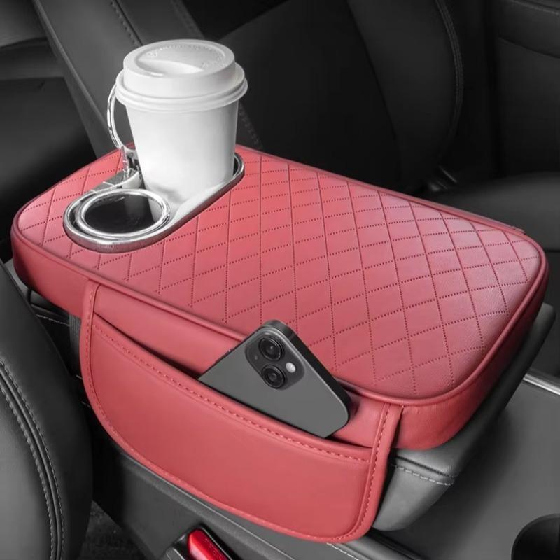 Polštářek na opěrku ruky středové konzole auta z PU kůže se 2 držáky na nápoje a boční kapsou Zvýšená podložka do auta Potah na opěrku ruky do auta