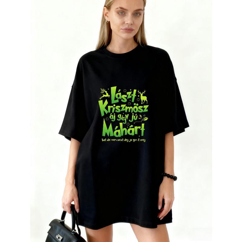 Oversized T Shirt Black Christmas Reindeer And Text Print For Holiday Season S