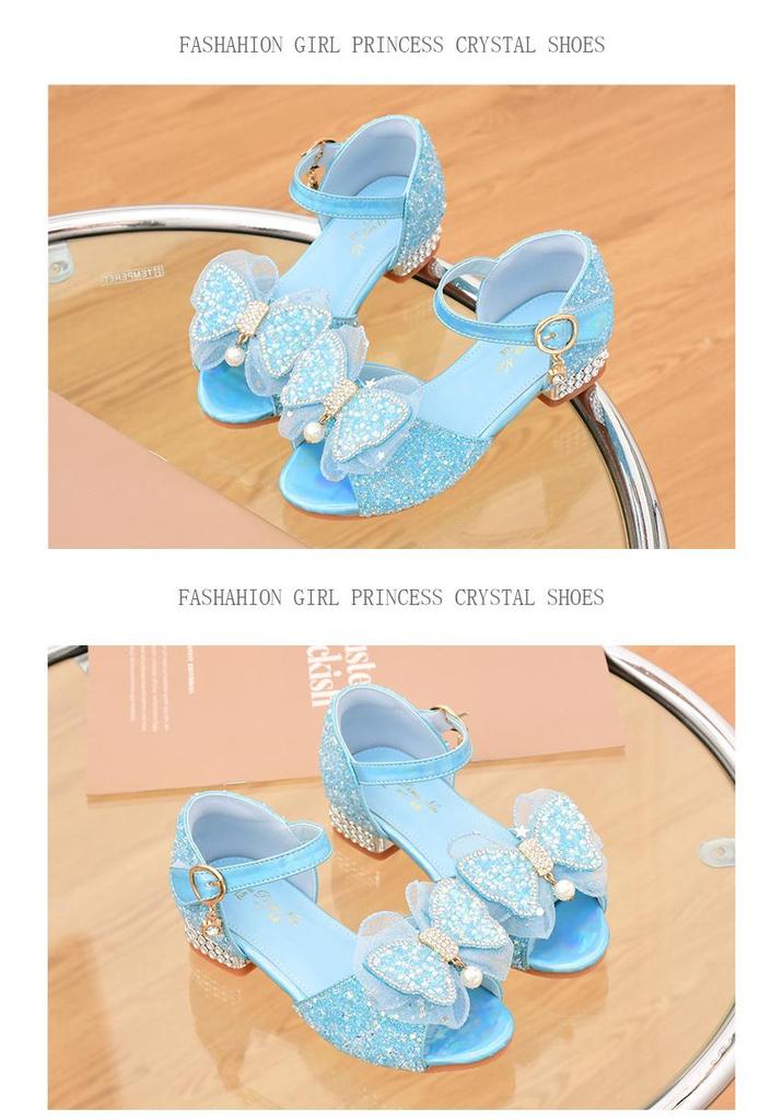 Girls' High-Heeled Crystal Sandals with Rhinestone Bow - Soft Sole Princess Shoes for 2026 Summer Performances