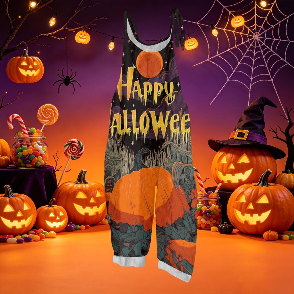 Loose Fit Casual Jumpsuit Women Sleeveless Vintage Style Cotton Linen Overalls Halloween Pattern Wide Leg Romper