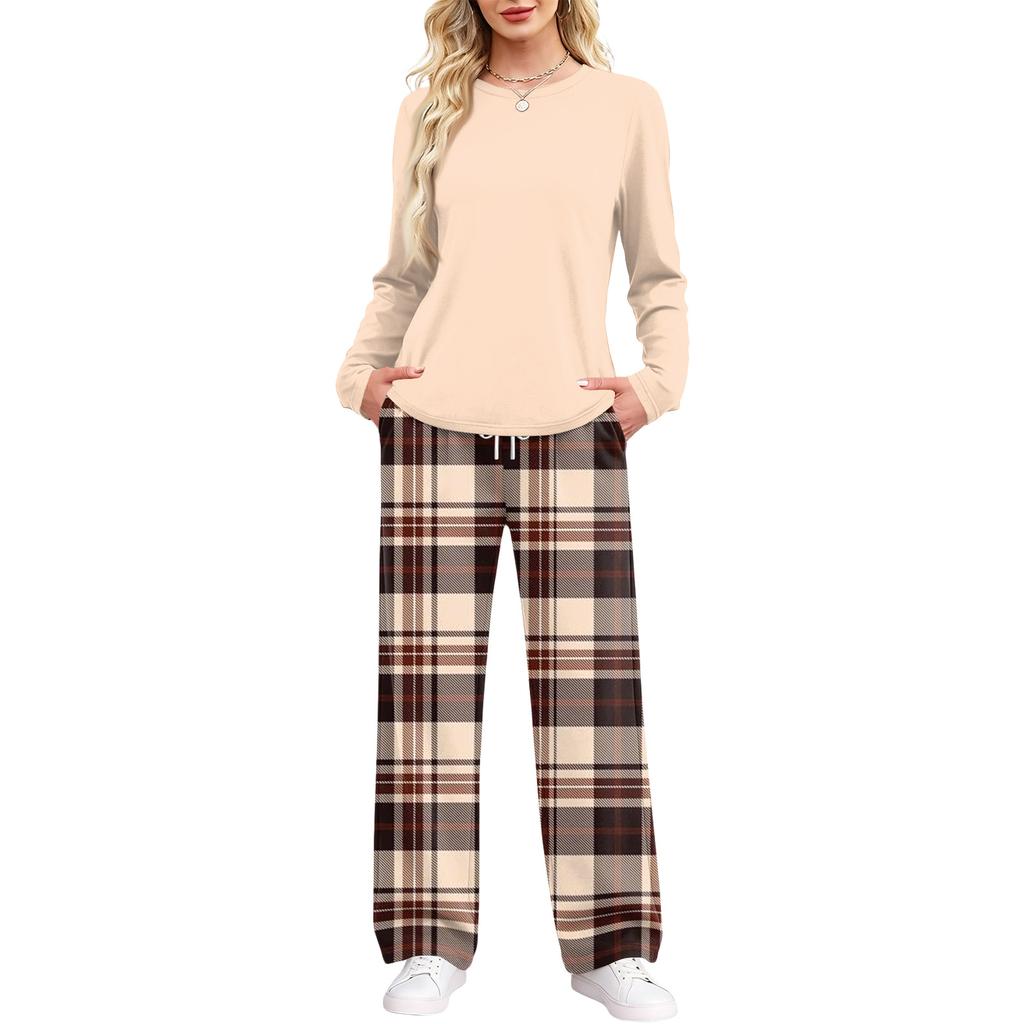 Set Pigiama Casual da Donna con Tasche Manica Lunga Stampato Girocollo Vestibilità Larga Abbigliamento per la Casa