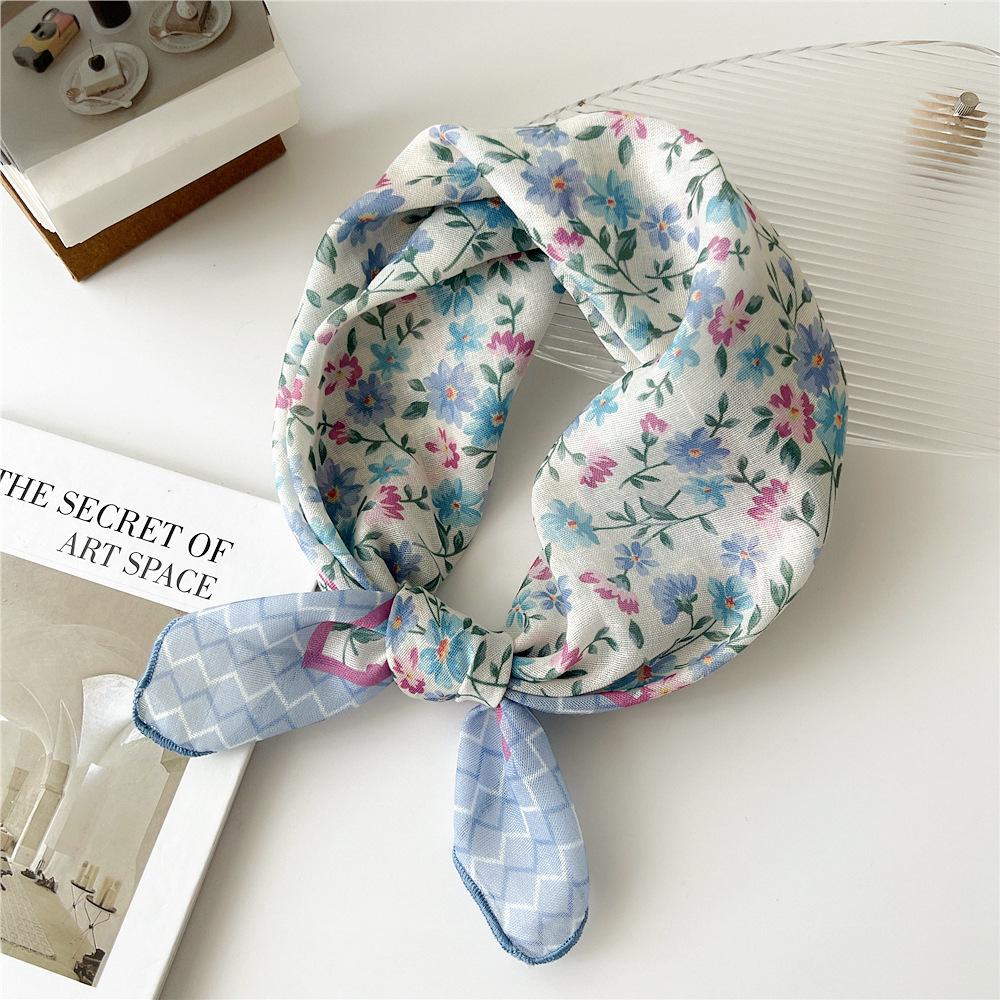55cm Girls Cotton Linen Spring Square Scarf for Women Chic Headband Fashion Decorative Hairband Floral Neck Scarf