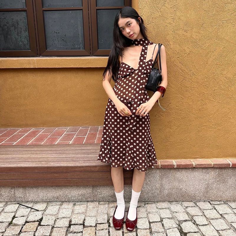 

Suit Fashion Summer Cross-Border New Arrival Polka Dot Sleeveless Silm Tops Polka-Dot High Waist Elegant Skirt Suit Women Brown Skirt L