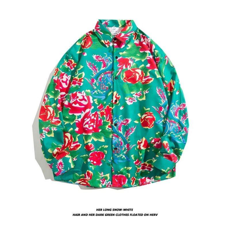 

2024 Весна и осень рубашка с длинным рукавом японский стиль Гонконг Ins свободная рубашка мужская летняя модная универсальная повседневная куртка 3XL зелёный