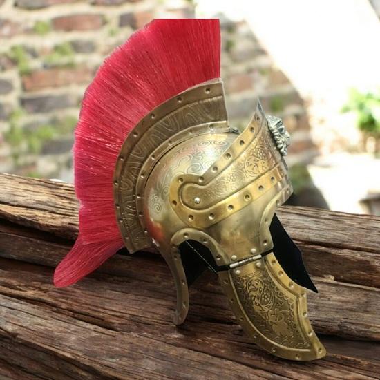Roman Gladiator Helmet with Red Crest and Brass Queen Crest Handcrafted Medieval Warrior Armor