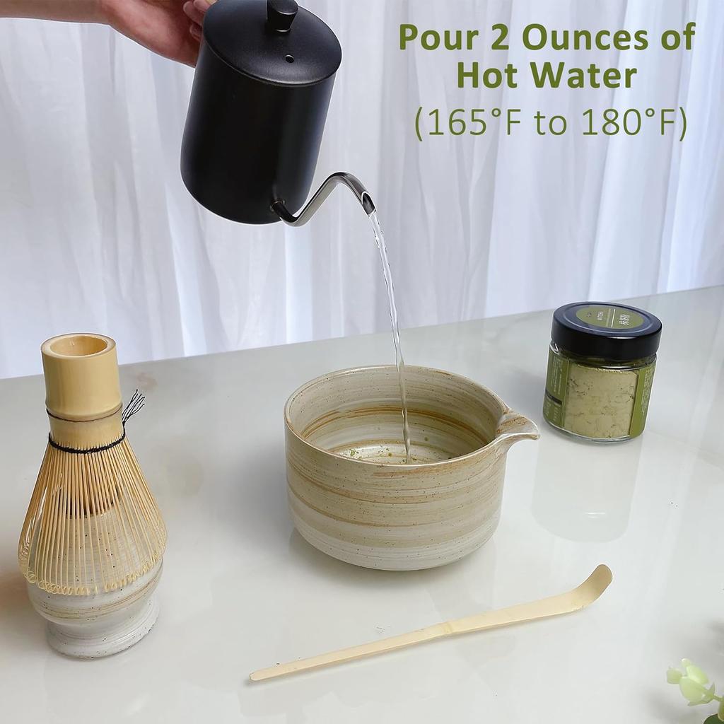 4pcs Matcha Set, Japanese Matcha Kit, Matcha Whisk Set with 17oz Matcha Bowl with Spout, Whisk Holder & Bamboo Scoop, Matcha Tea Set, Matcha Starter