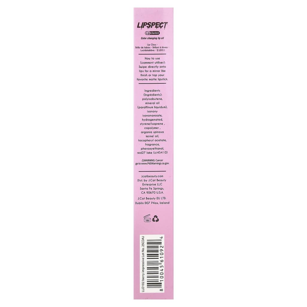 J.Cat Beauty, Lipspect Lip Sensor, Color-Changing Lip Oil, LLO 102 Very Impressive, 3 ml (0.1 fl oz)