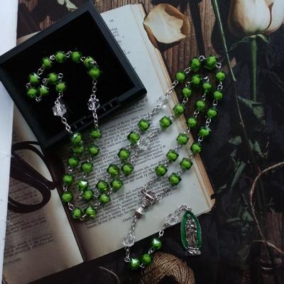 Green Stones Rosary Cross Necklace Christian VirginMary Center Accessories Sweater Chain Church Jewelry Accessories