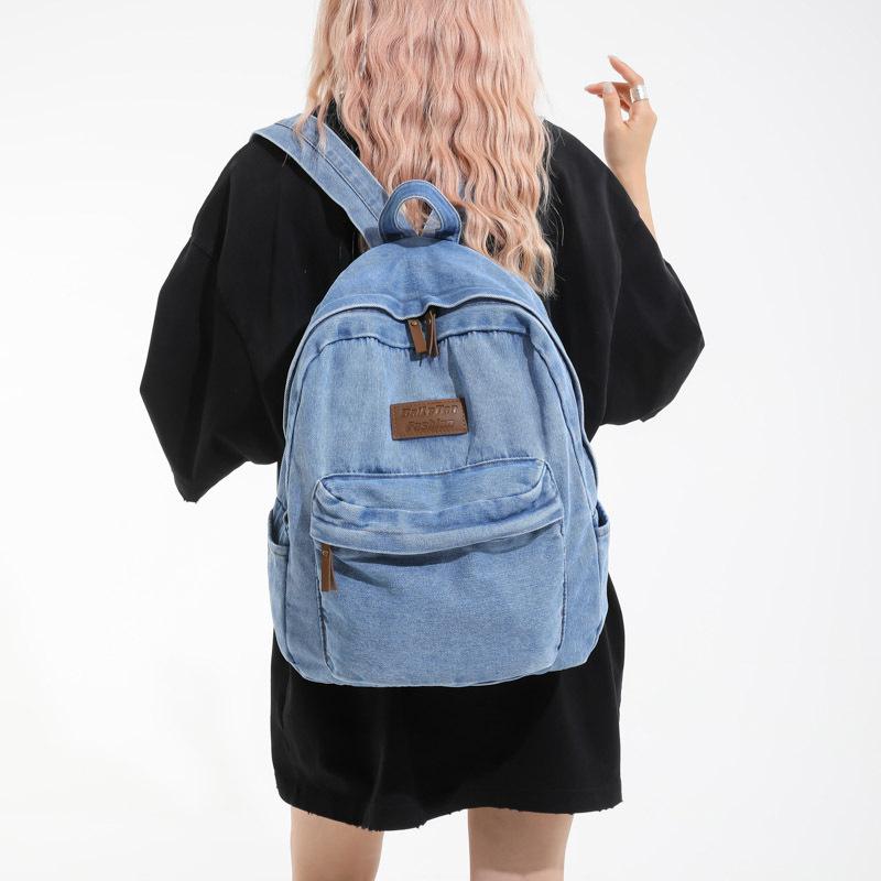 Schoolbag Unisex Kids Black Japanese Simple Trendy Cool Lazy Style Backpack Large Capacity Durable Denim Bag University High School Junior High School Student Backpack