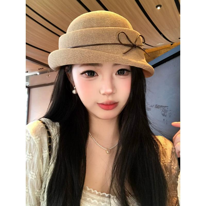 French Hepburn-Style Bowknot Women's Elegance: Rolled Brim Formal Bucket Hat