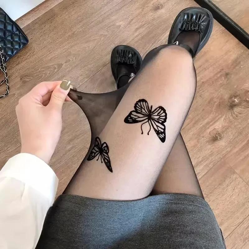 Nové sexy dámské punčochové kalhoty Punčochové kalhoty s potiskem motýla Vysoké punčochy Punčochové kalhoty Spodní prádlo Punčochové zboží Tenké nylonové punčochy Tělové punčochy