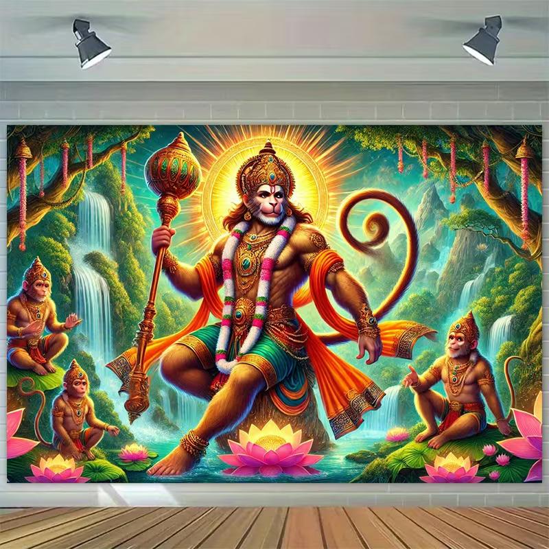 2D Lord Hanuman Hindu God Lotus Waterfall Jungle Religious Tapestry Backdrop 47.2x31.5inch/120*80cm