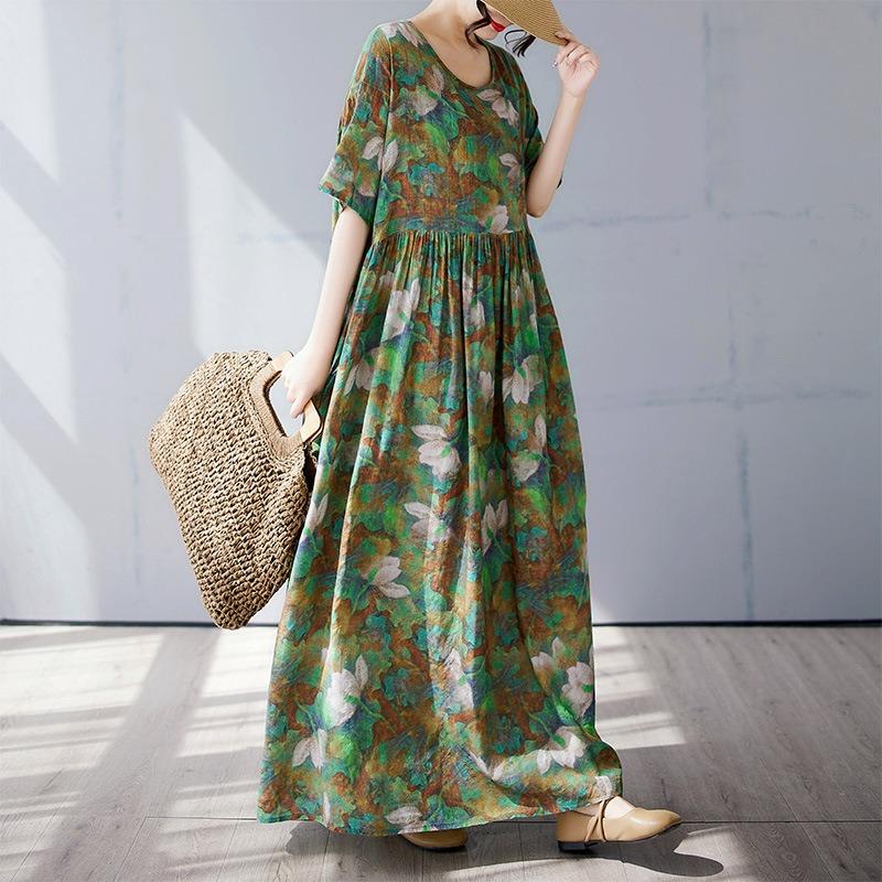 Simple Bohemian Long Dress Summer New Fattened Plus Short Sleeve Crew Neck Printed Dress Women's Clothing