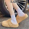 Leather thick-soled outer wear bag head half slippers autumn and winter new one-pedal lazy shoes fluffy shoes