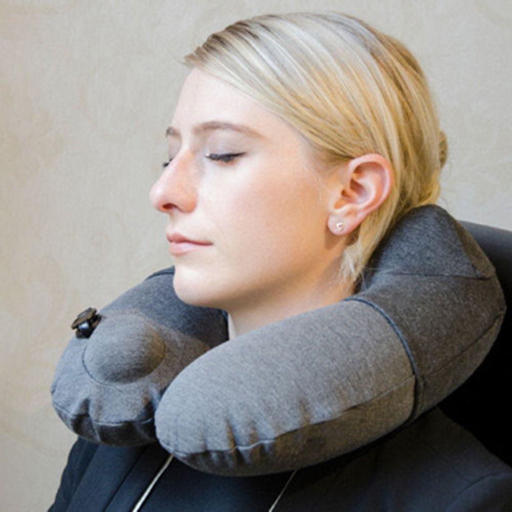Foldable Press Type Inflatable Travel Pillow Washable Lightweight Double Hump Neck Pillow Detachable With Storage Bag