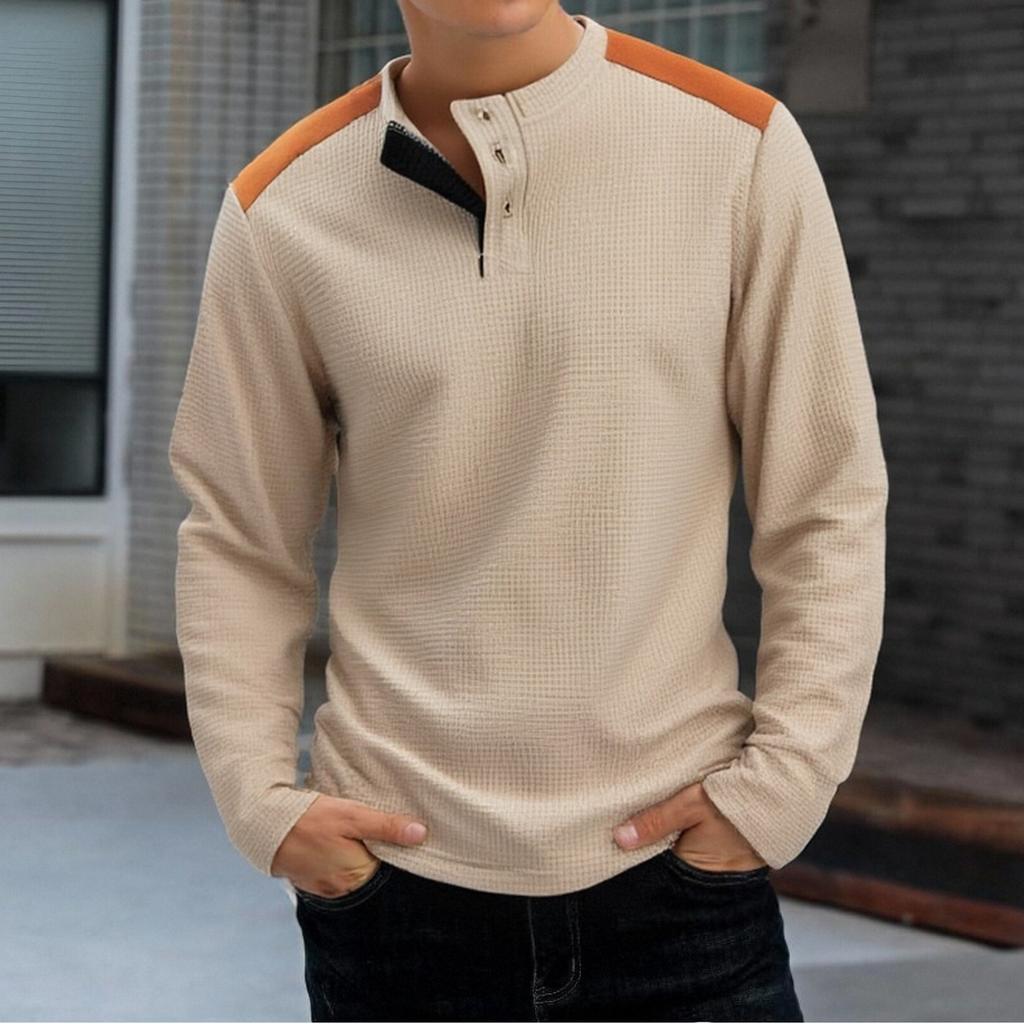 New Men’s Outdoor Casual Versatile Two-tone High-neck Button-up Round-neck Long-sleeved Top