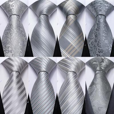 Silbergraues 8,5 cm Krawatten-Set für Herren, einfarbig, gestreifte Seidenkrawatte, Einstecktuch, Manschettenknöpfe, Hochzeit, Business-Krawatte