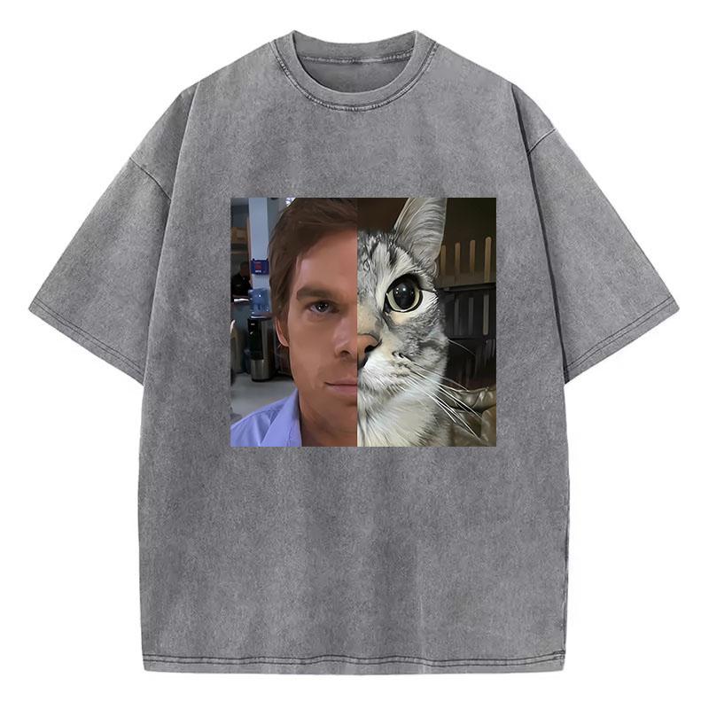 Fashion T Shirt Vintage Washed Cotton T-Shirt Movie Cat Graphic Tee Casual Streetwear Spring Summer Clothing