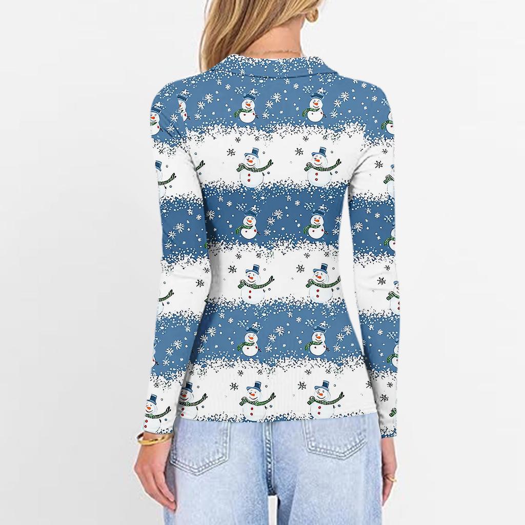 Damenmode Lässig Weihnachts-Print V-Ausschnitt Langarm Knopfleiste Oberteil