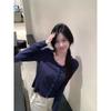 Kumikumi Sweet Style Dark Blue Single-Breasted Long Sleeves Shirt Women Autumn Chic Age-Reducing Slim Fit Slimming Top