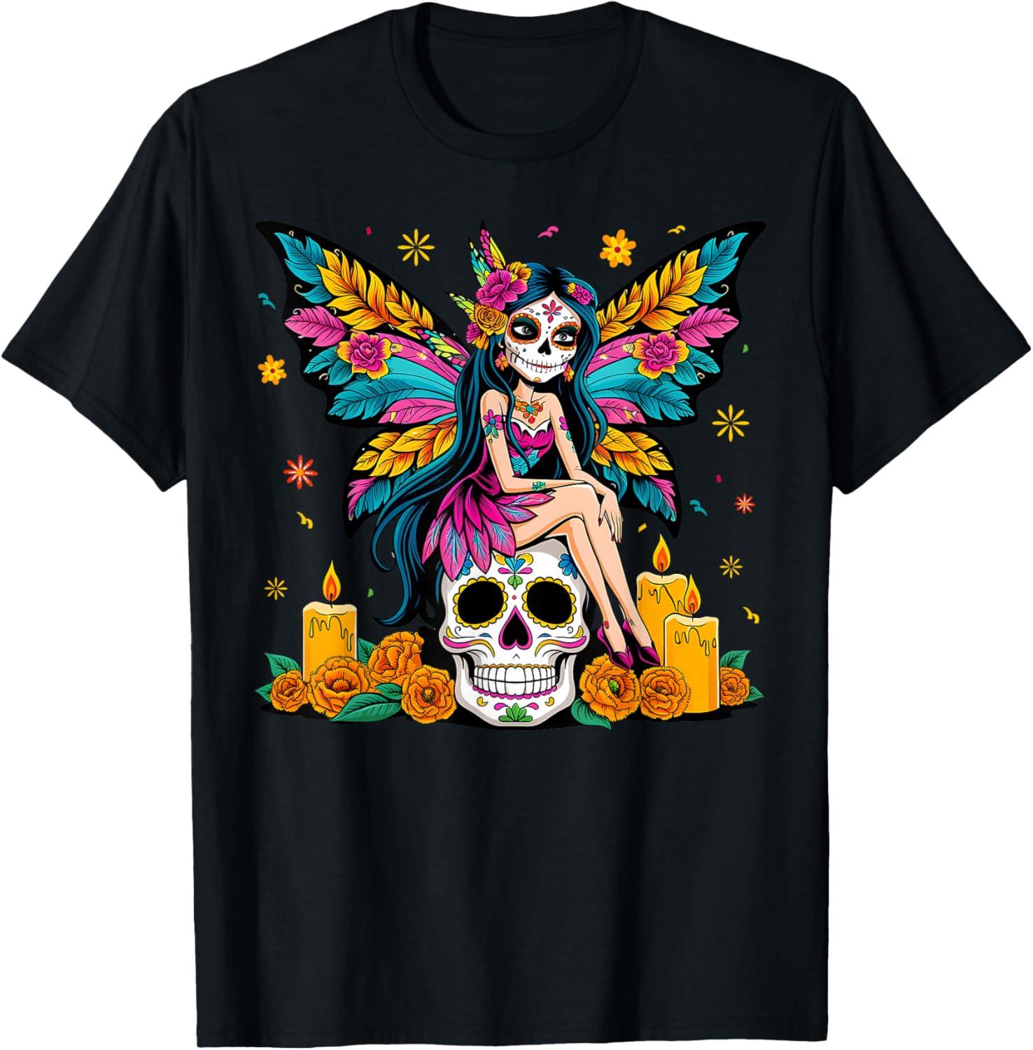 Fairy Sugar Skull Day Of The Dead Butterfly Halloween T-Shirt XL
