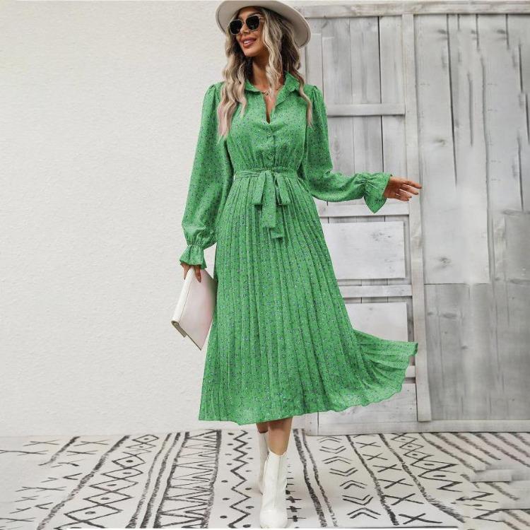 Women Autumn Winter Casual Long Sleeve V-neck Floral Print A-Line High Waist Ankle Length Dress