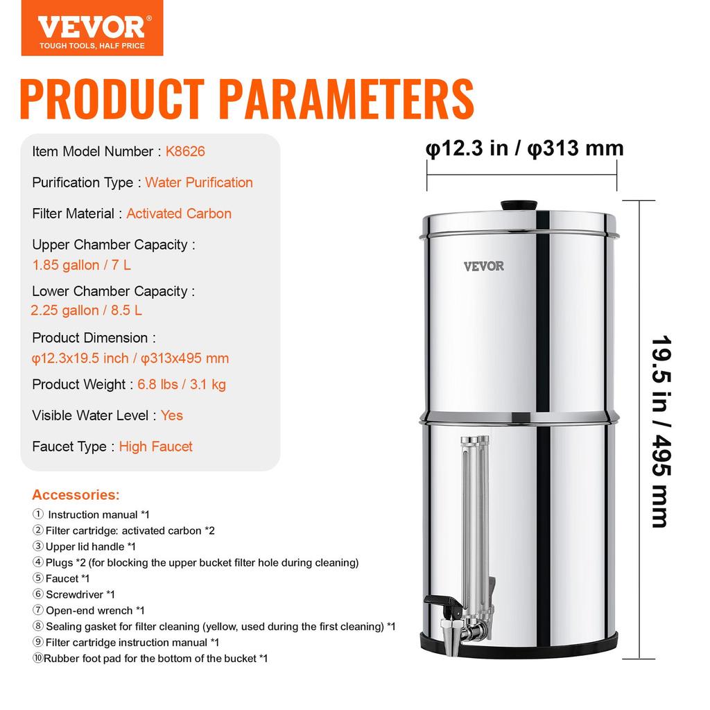 VEVOR Gravity-fed Water Filter System, 2.25G 304 Stainless-Steel Countertop System, Water Filtration System, Reduces Lead and Up To 99% of Chlorine